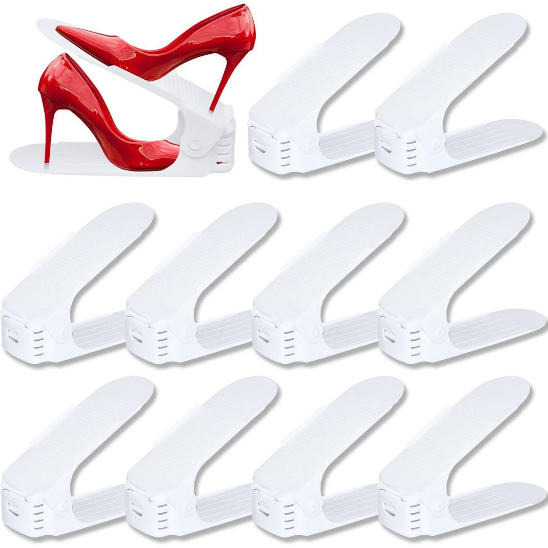 30 stueck einstellbare schuhregale rutschfest schuhhalter 3 hoehenverstellbar pp doppelschicht schuhstapler set platzsparend schuhaufbewahrungweiss