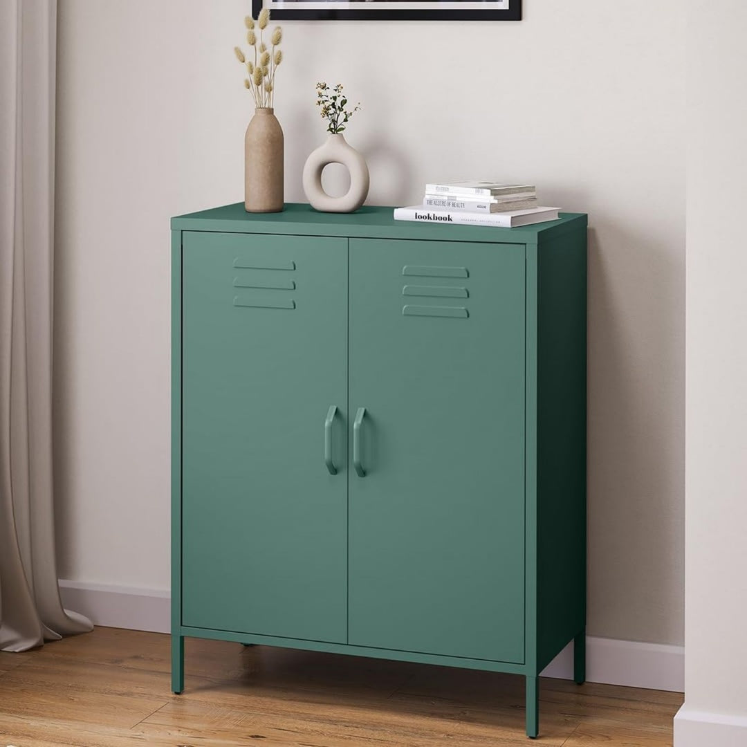 Atria kommode mit 3 faechern dunkelgruen metallschrank doppeltueren sideboard mehrzweckschrank mit flexiblen einlegeboeden industrial highboard aufbewahrungsschrankflurschrank fuer flur