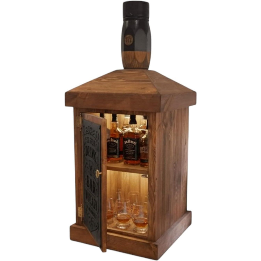 Barschrank aus massivem kiefernholz whiskyflaschen-design braun rustikal mit lichtemittierende diode-beleuchtung hausbar 110 50 50 cm