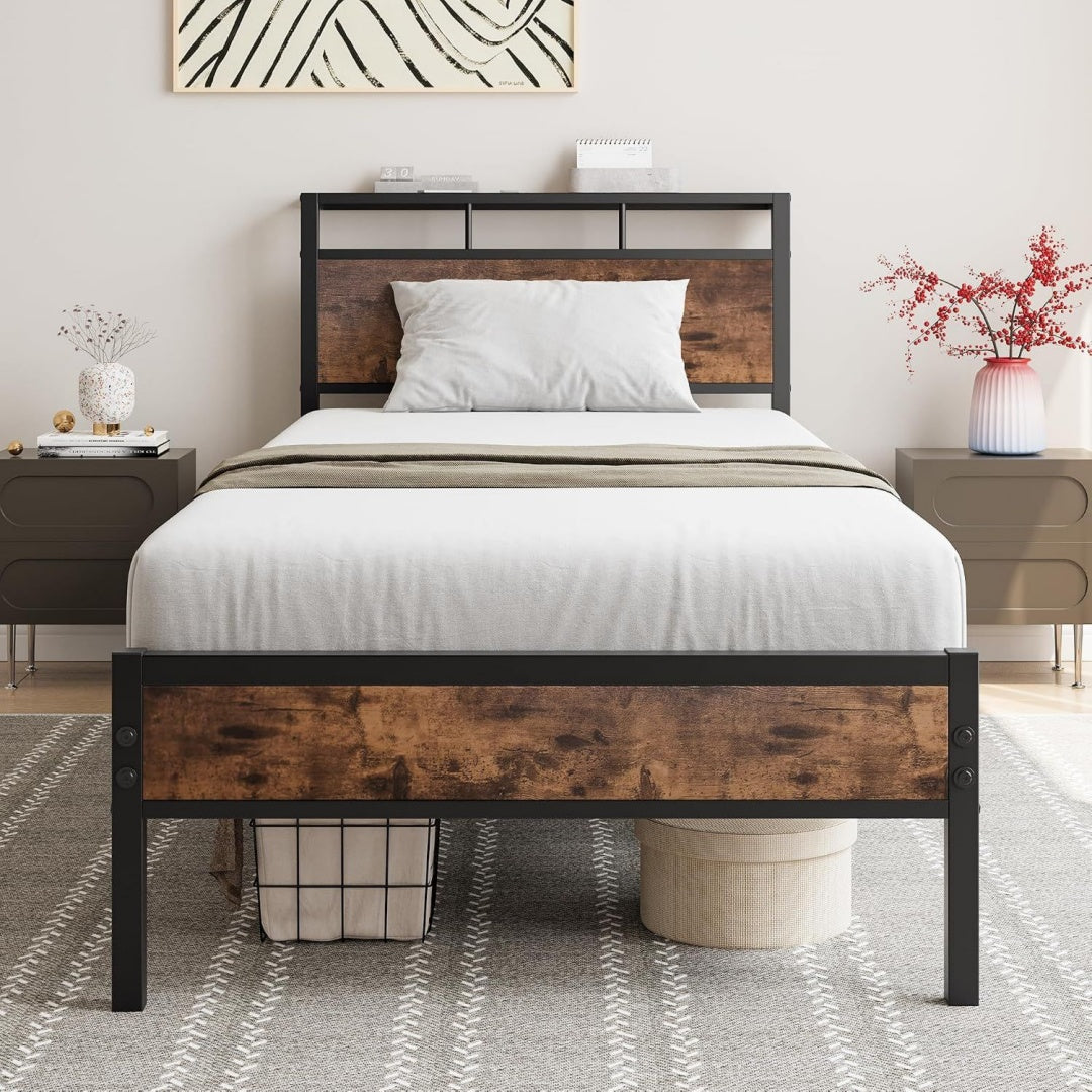 bett 90x200metall bettrahmen mit holz kopfteil regalen schwarz bettgestell aus metall mit lattenrosteinzelbett bettrahmen gaestebett jugendbett fuer schlafzimmer gaestezimmer