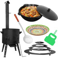 12 l kazan ofen set fuer 1215 personen mit adapter-ringe abzugsrohr kasan utschag feldkueche feuerstelle campingofen aussenkueche eintopfofen schaumkelle grillfaecher orientalischer teller