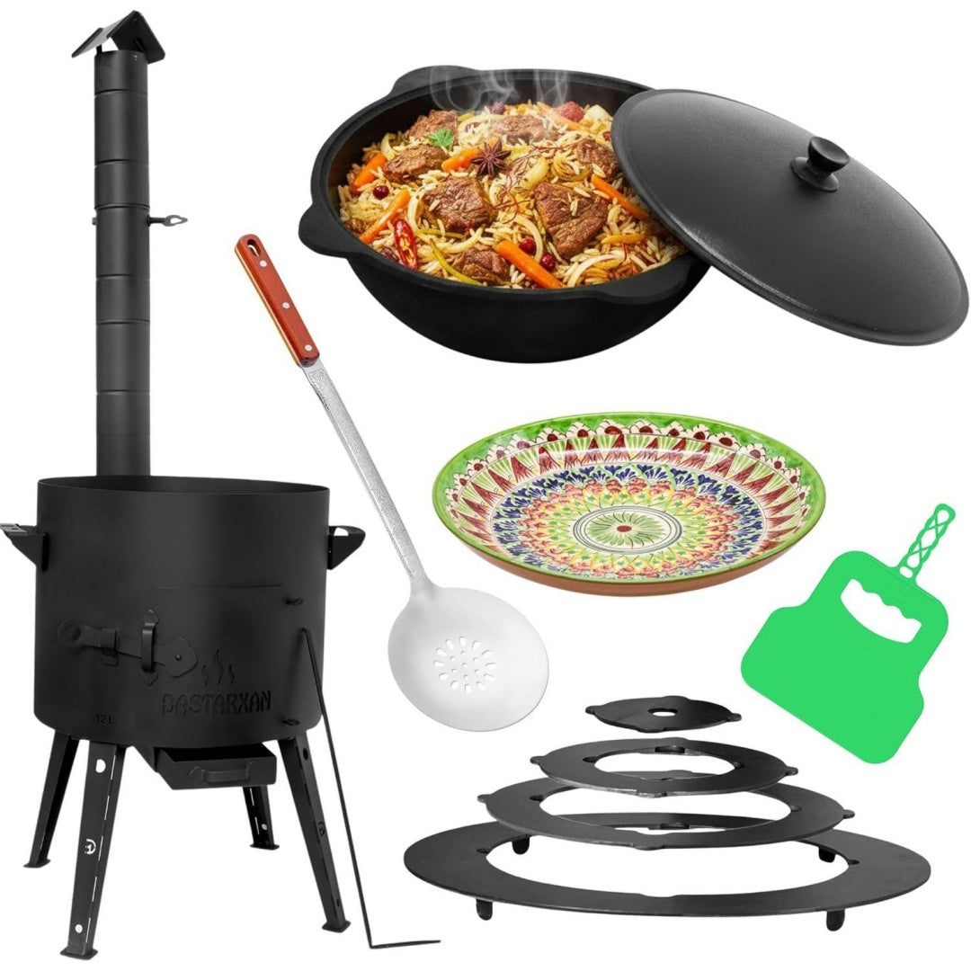 12 l kazan ofen set fuer 1215 personen mit adapter-ringe abzugsrohr kasan utschag feldkueche feuerstelle campingofen aussenkueche eintopfofen schaumkelle grillfaecher orientalischer teller