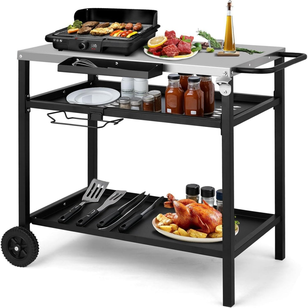 Grillwagen - grilltisch outdoor 97 x 51x 83 cm schreibtisch aus edelstahl silbermit raedern und netzkorb mobil servierwagen fuer gaerten schwarz