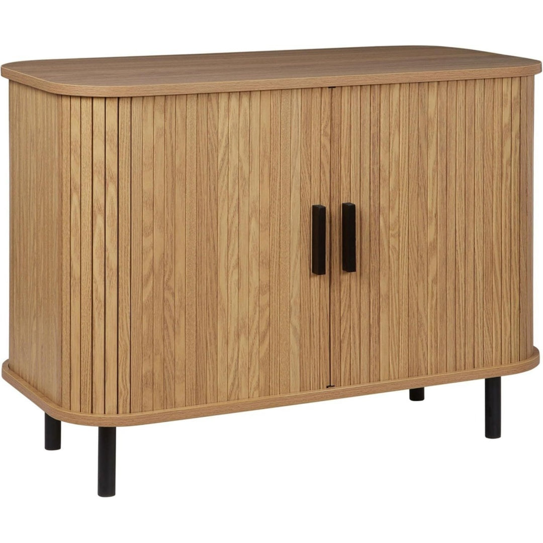 Sideboard heller holzfarbton 2 schiebetueren metallbeine schwarz retro bradley