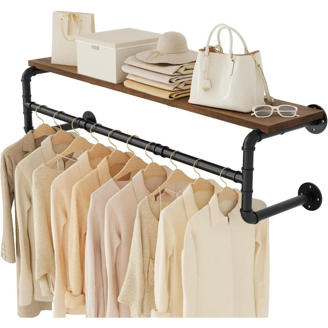 105cm wandgarderobe mit ablagevintagebraun und schwarz kleiderstaender wand mit kleiderstangegarderobe wandregalgarderobenstangeindustrierohr wandregal fuer die wand