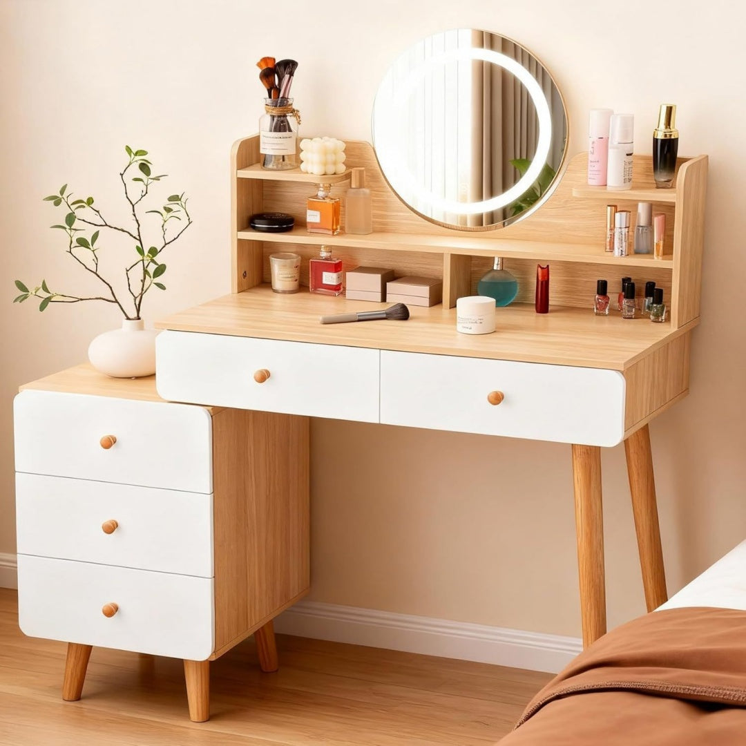 schminktisch mit lichtemittierende diode beleuchtung und spiegel 3 farben 80 -100 cm breit frisiertisch mit 5 schubladen und ablagefaechern kosmetiktisch mit glasplatte make up tisch holz und weiss