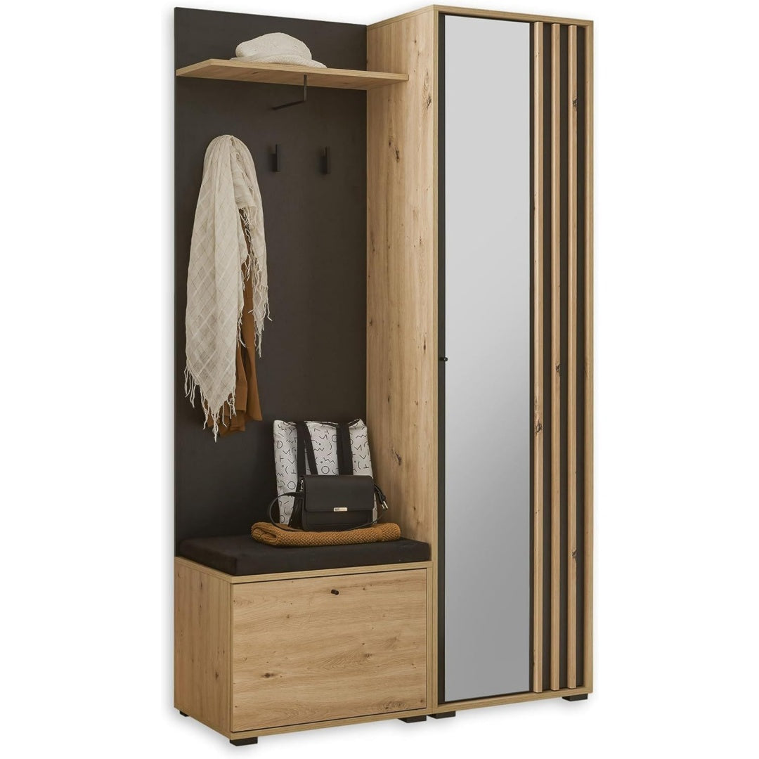 Flurgarderoben flur set artisan eiche optik schwarz 114 x 197 x 40cm moderne kompaktgarderobe garderobe mit spiegel paneel und schuhbank lamellenoptik viel stauraum fuer den eingangsbereich