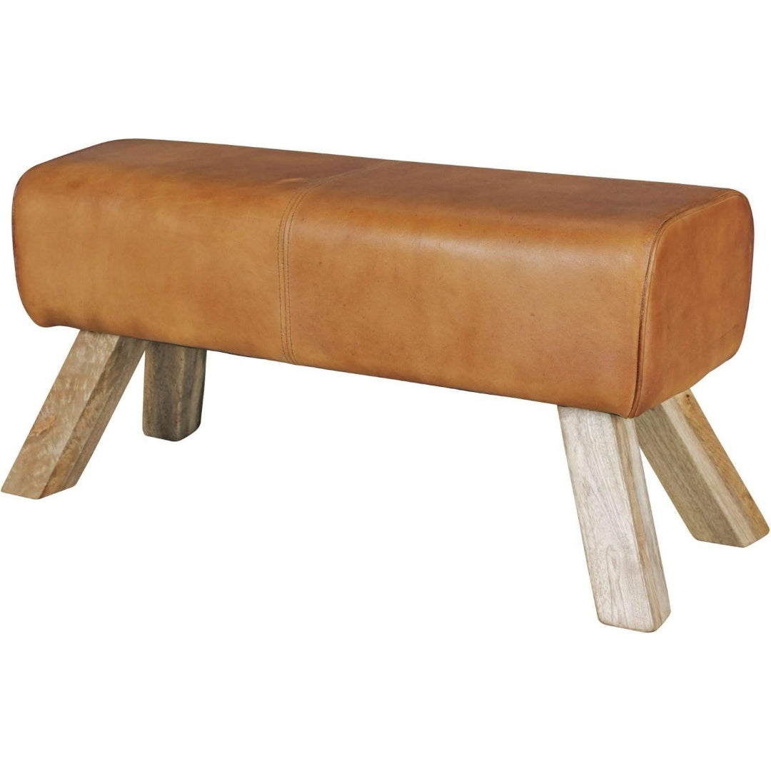 Turnbock sitzbank 90x30x43 cm echtleder cognac mangoholz lederhocker im retro sportdesign mit holzbeinen springbock garderobenbank sitzhocker handgefertigt