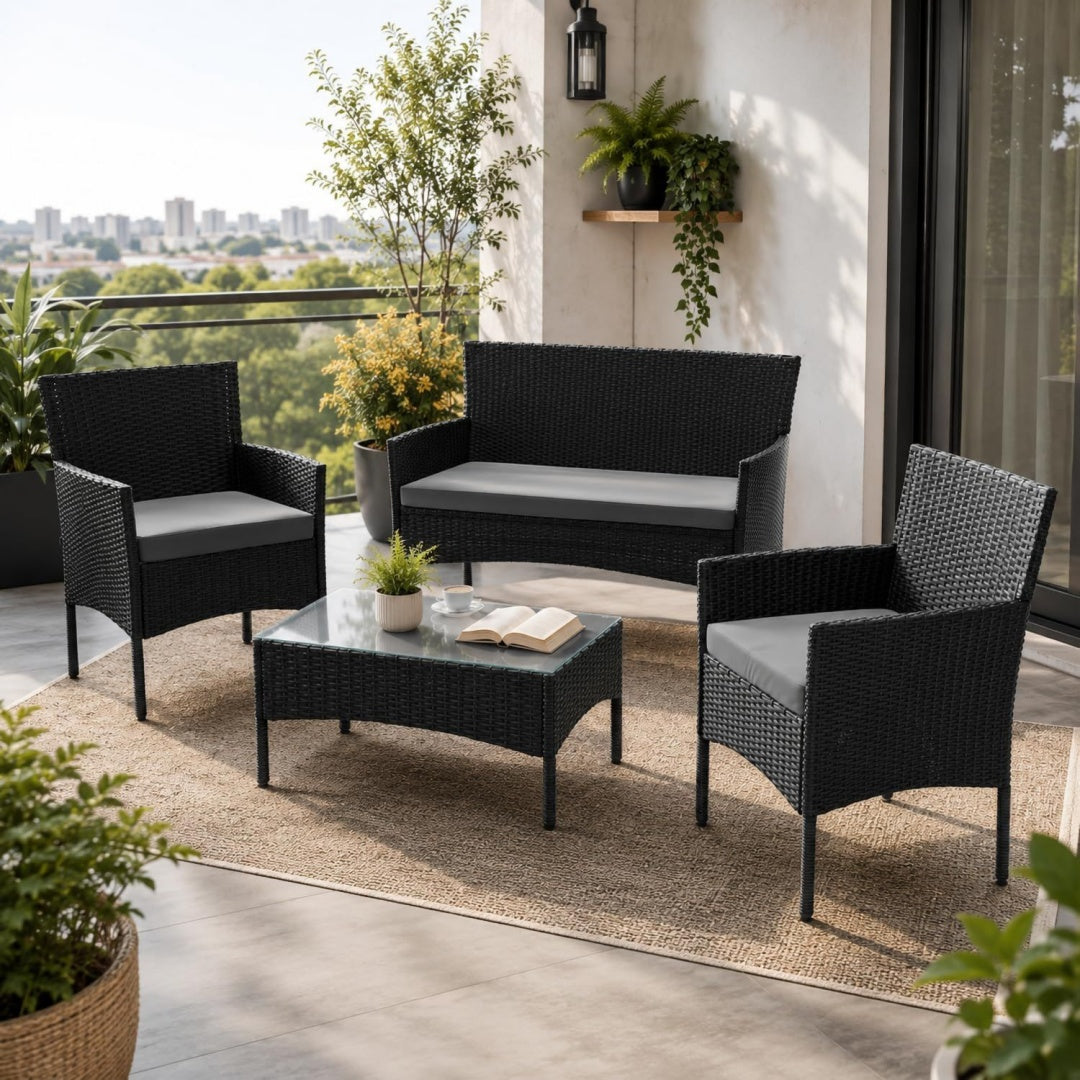Polyrattan sitzgruppe fort myers 4 personen mit 2er sofa 2 stuehle tisch sitzkissen wetterfest schwarzgrau balkonmoebel gartenmoebel set
